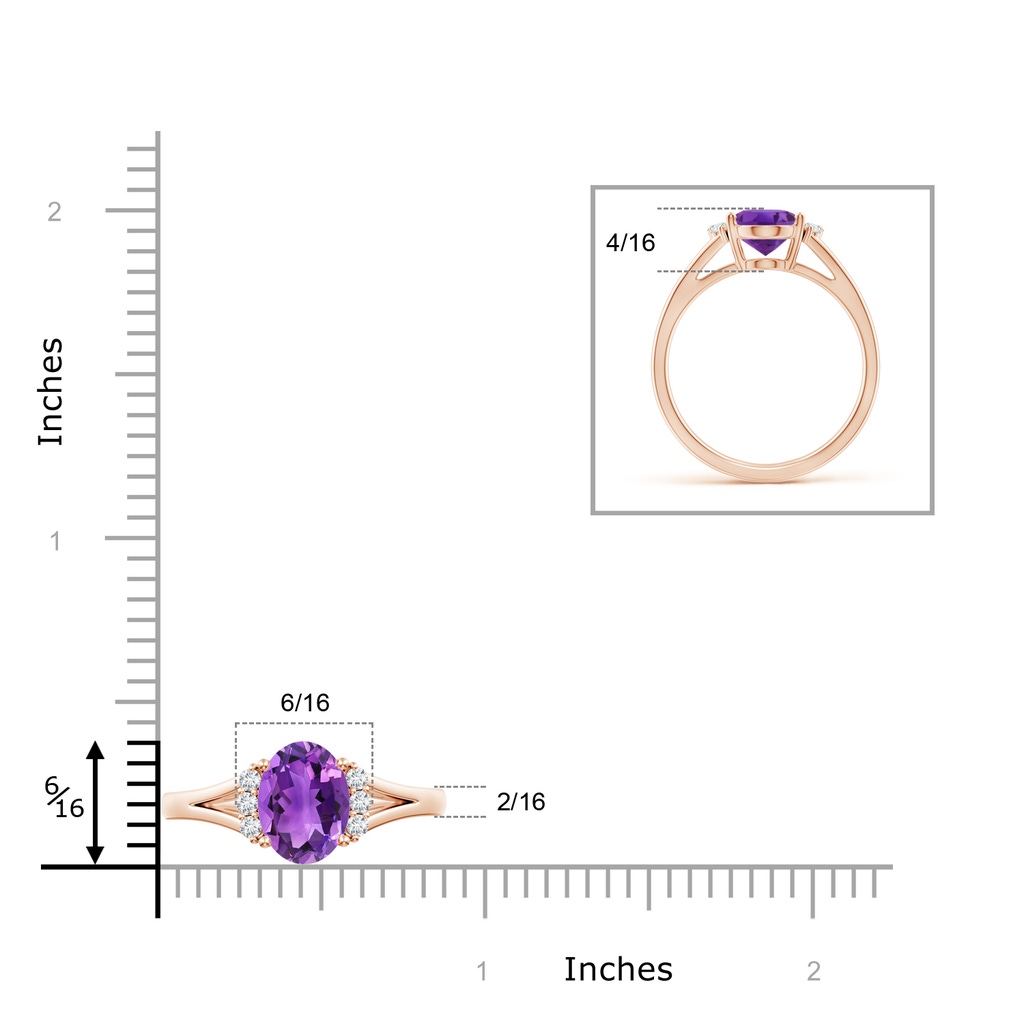 9x7mm AAA Oval Amethyst with Round Diamond Collar Solitaire Ring in Rose Gold Ruler