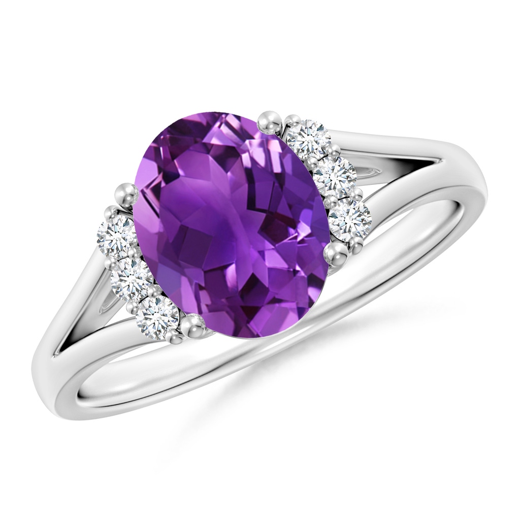 9x7mm AAAA Oval Amethyst with Round Diamond Collar Solitaire Ring in White Gold