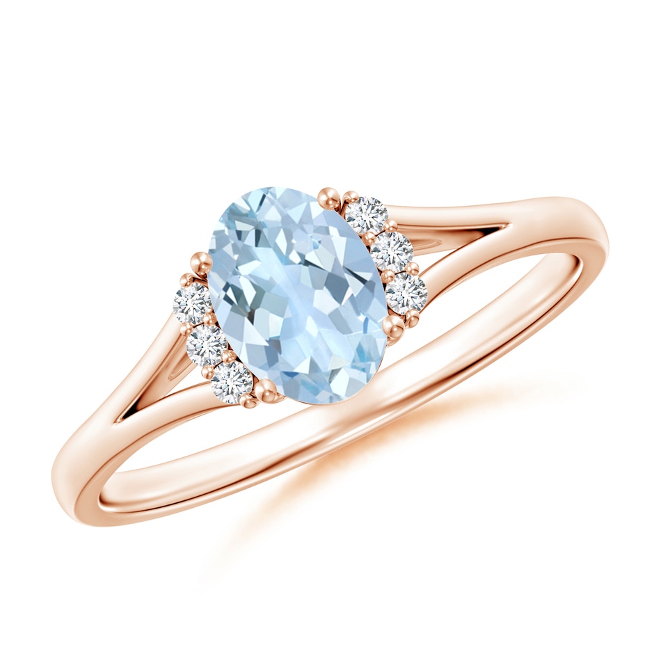 7x5mm AA Oval Aquamarine with Round Diamond Collar Solitaire Ring in Rose Gold 