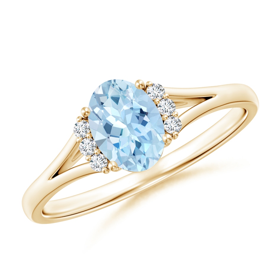 7x5mm AAA Oval Aquamarine with Round Diamond Collar Solitaire Ring in 10K Yellow Gold 