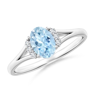 7x5mm AAA Oval Aquamarine with Round Diamond Collar Solitaire Ring in 9K White Gold