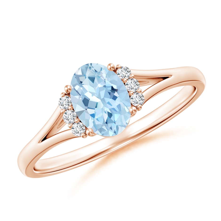 7x5mm AAA Oval Aquamarine with Round Diamond Collar Solitaire Ring in Rose Gold 
