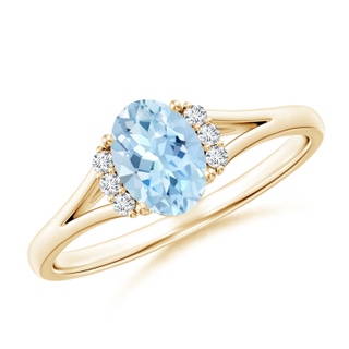 7x5mm AAA Oval Aquamarine with Round Diamond Collar Solitaire Ring in Yellow Gold
