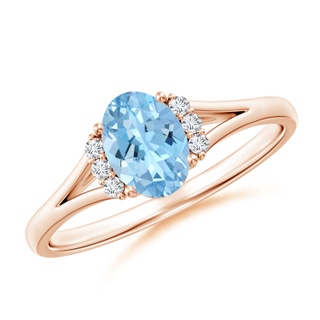7x5mm AAAA Oval Aquamarine with Round Diamond Collar Solitaire Ring in 10K Rose Gold