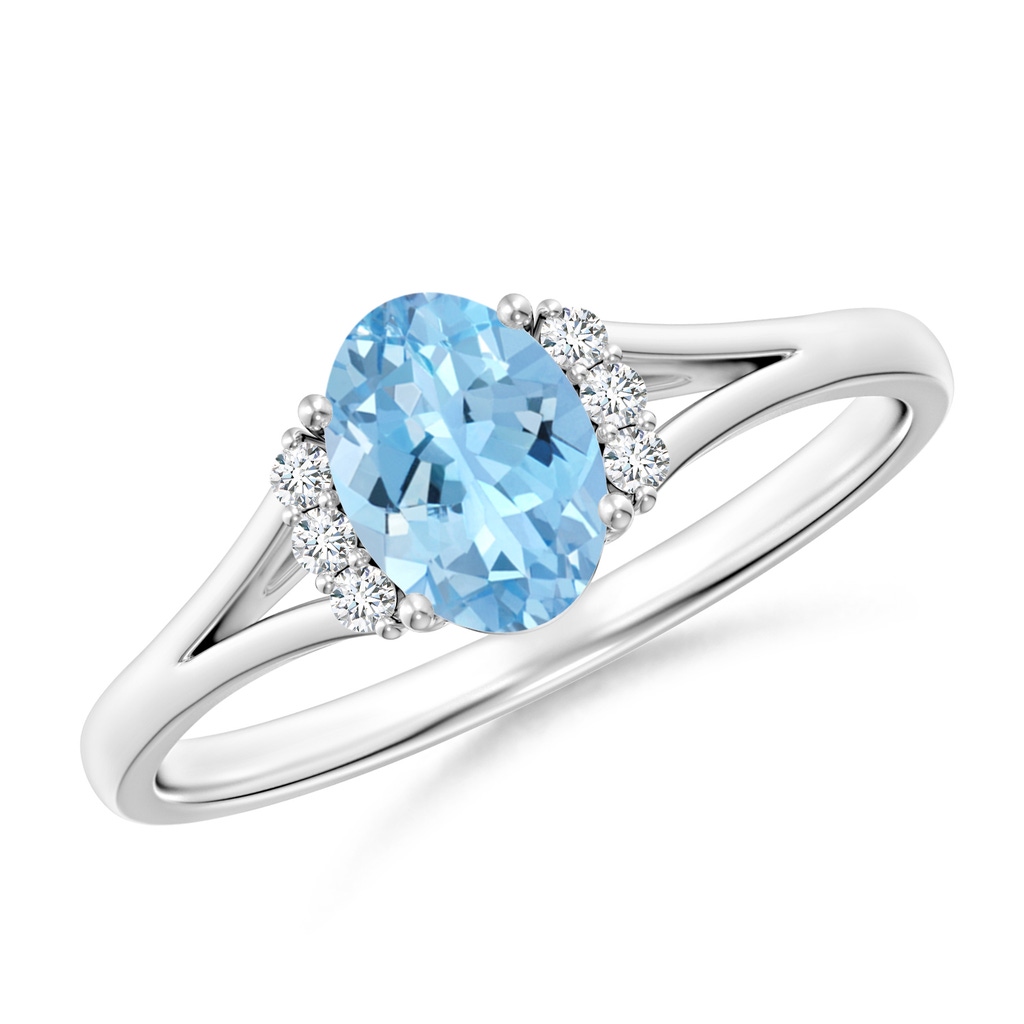 7x5mm AAAA Oval Aquamarine with Round Diamond Collar Solitaire Ring in White Gold