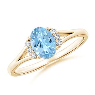 7x5mm AAAA Oval Aquamarine with Round Diamond Collar Solitaire Ring in Yellow Gold