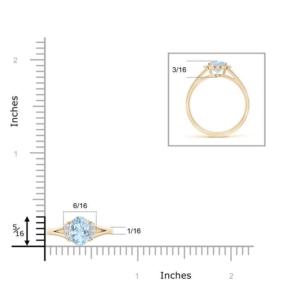 8x6mm AA Oval Aquamarine with Round Diamond Collar Solitaire Ring in Yellow Gold ruler