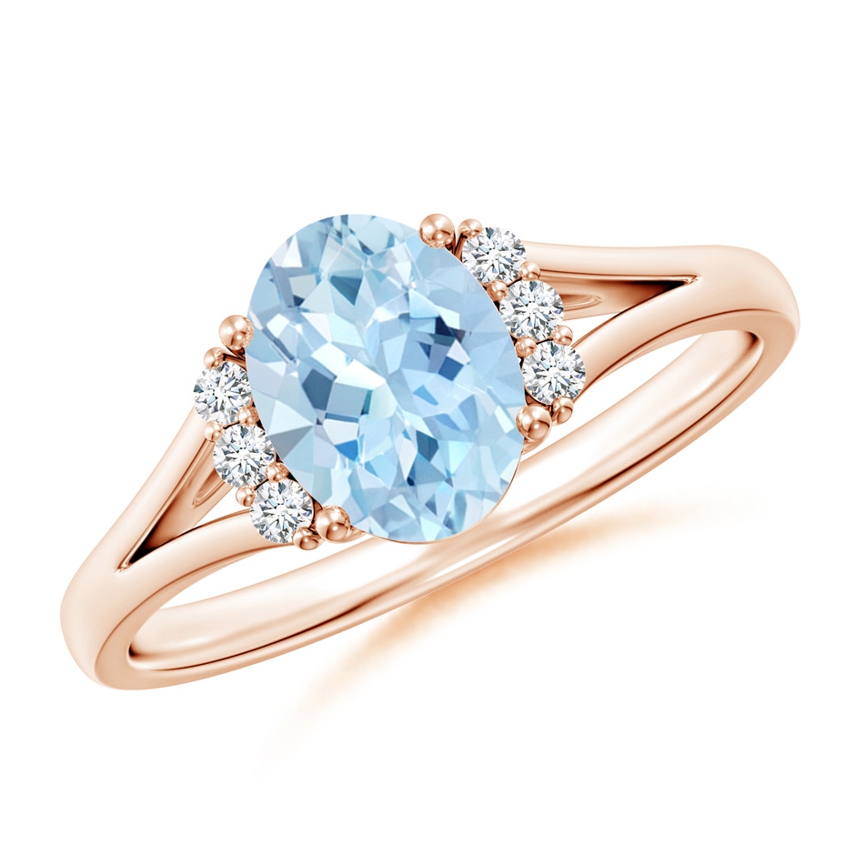 8x6mm AAA Oval Aquamarine with Round Diamond Collar Solitaire Ring in Rose Gold 