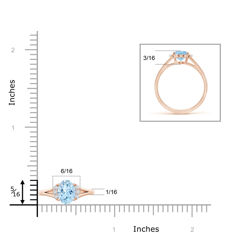 8x6mm AAA Oval Aquamarine with Round Diamond Collar Solitaire Ring in Rose Gold ruler