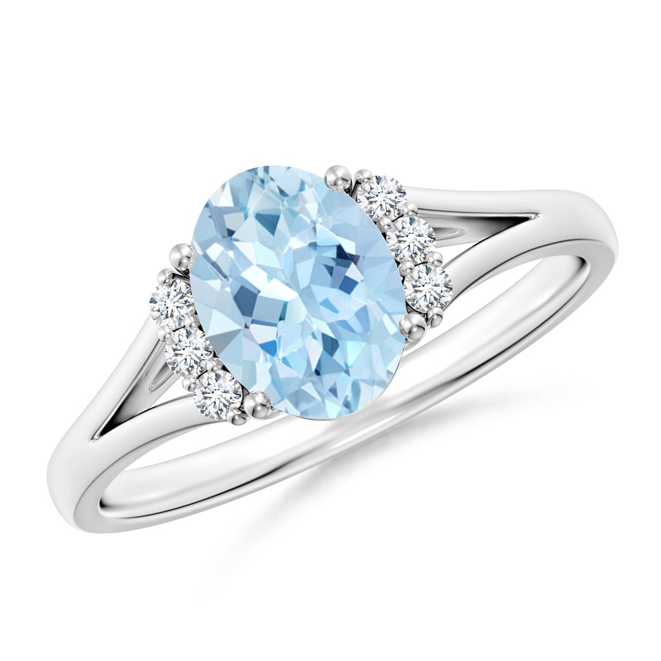 8x6mm AAA Oval Aquamarine with Round Diamond Collar Solitaire Ring in White Gold 