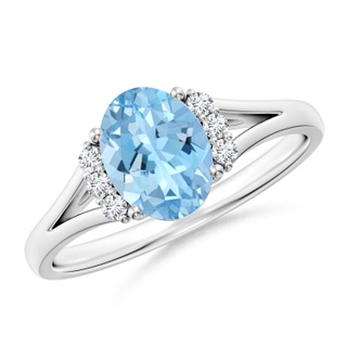8x6mm AAAA Oval Aquamarine with Round Diamond Collar Solitaire Ring in P950 Platinum