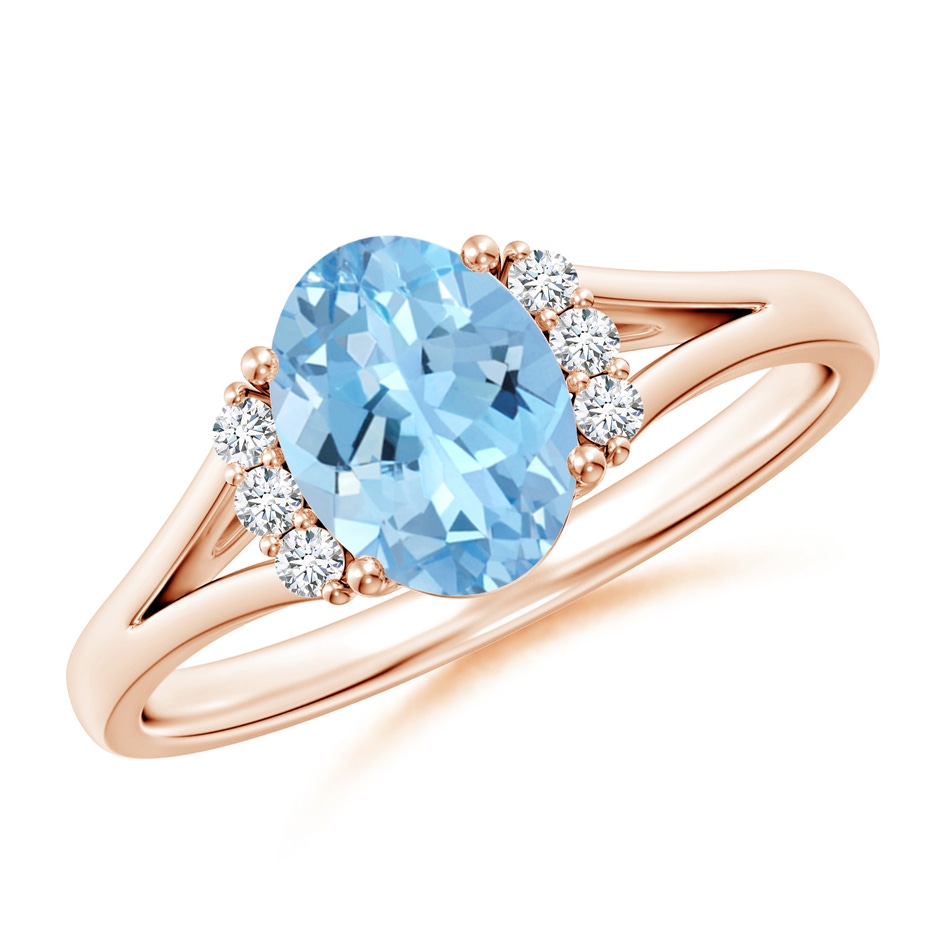 8x6mm AAAA Oval Aquamarine with Round Diamond Collar Solitaire Ring in Rose Gold 
