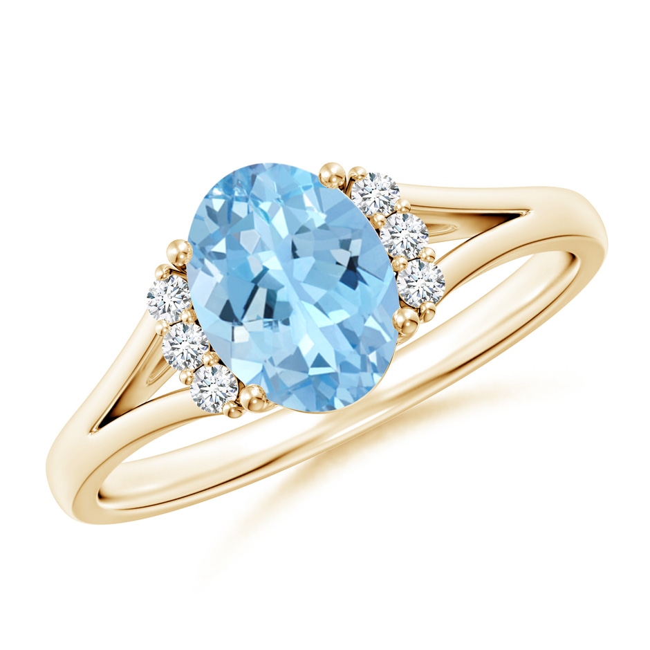 8x6mm AAAA Oval Aquamarine with Round Diamond Collar Solitaire Ring in Yellow Gold 