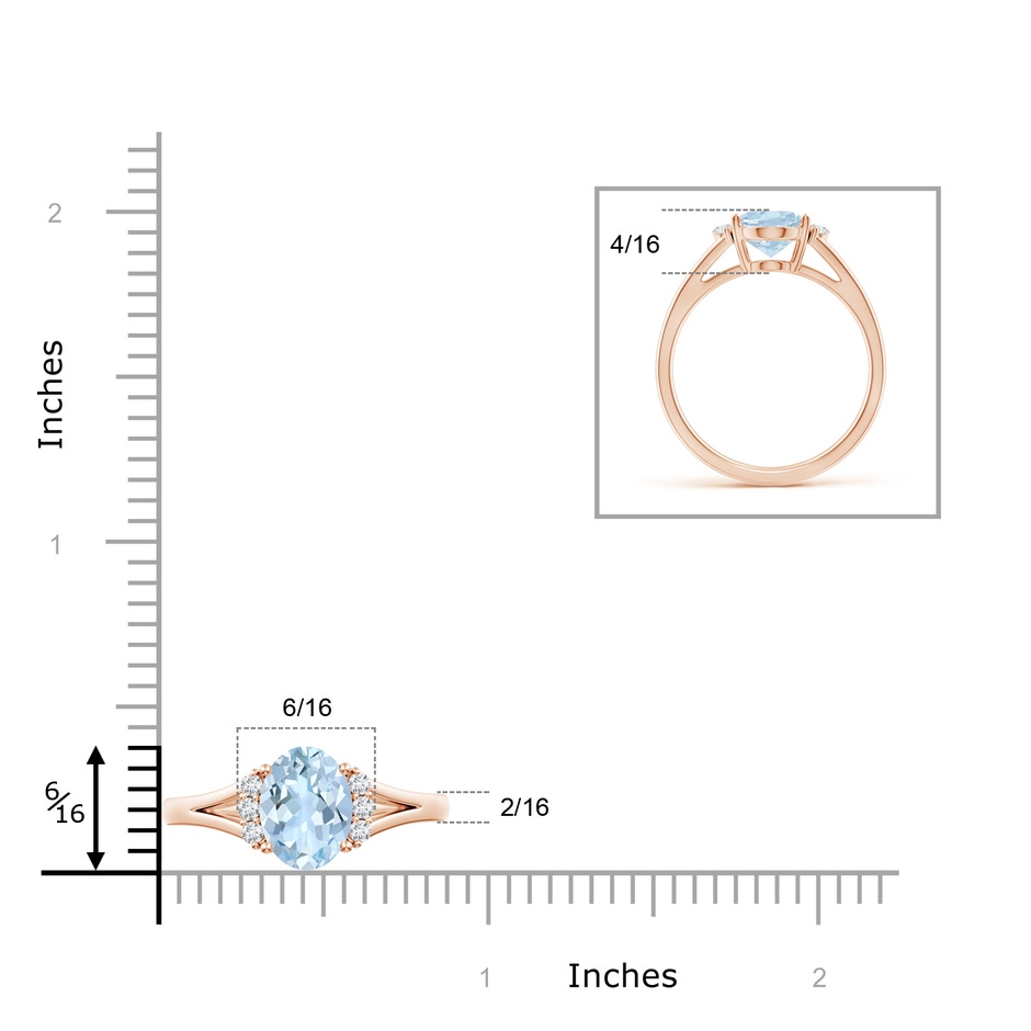 9x7mm AA Oval Aquamarine with Round Diamond Collar Solitaire Ring in Rose Gold ruler