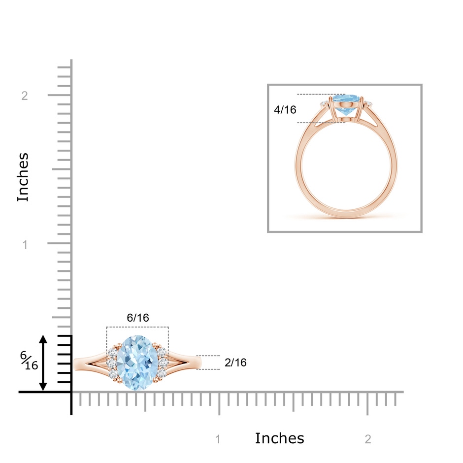 9x7mm AAA Oval Aquamarine with Round Diamond Collar Solitaire Ring in Rose Gold ruler