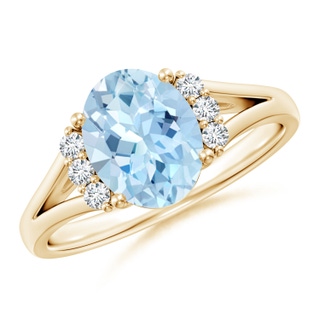9x7mm AAA Oval Aquamarine with Round Diamond Collar Solitaire Ring in Yellow Gold