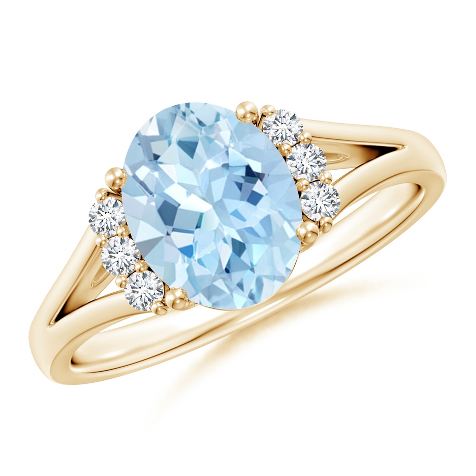 9x7mm AAA Oval Aquamarine with Round Diamond Collar Solitaire Ring in Yellow Gold 