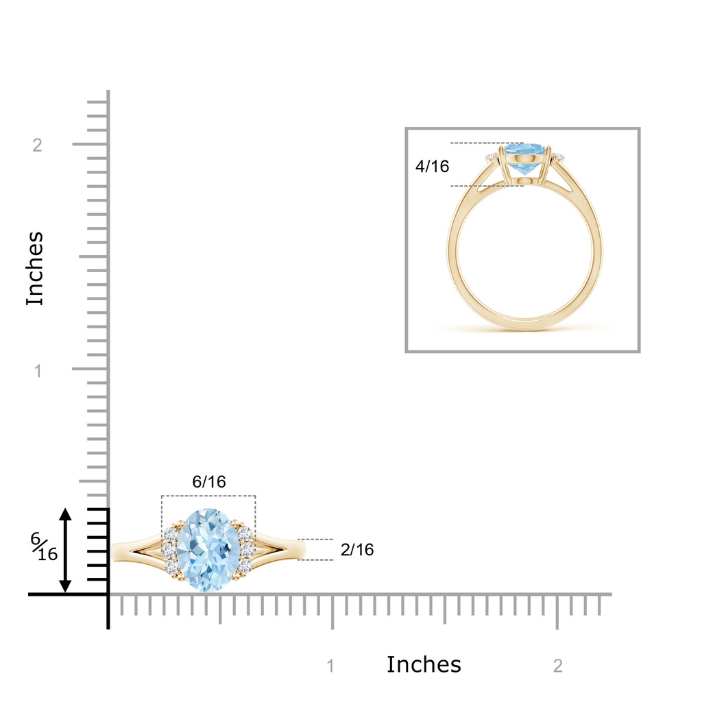 9x7mm AAA Oval Aquamarine with Round Diamond Collar Solitaire Ring in Yellow Gold Ruler