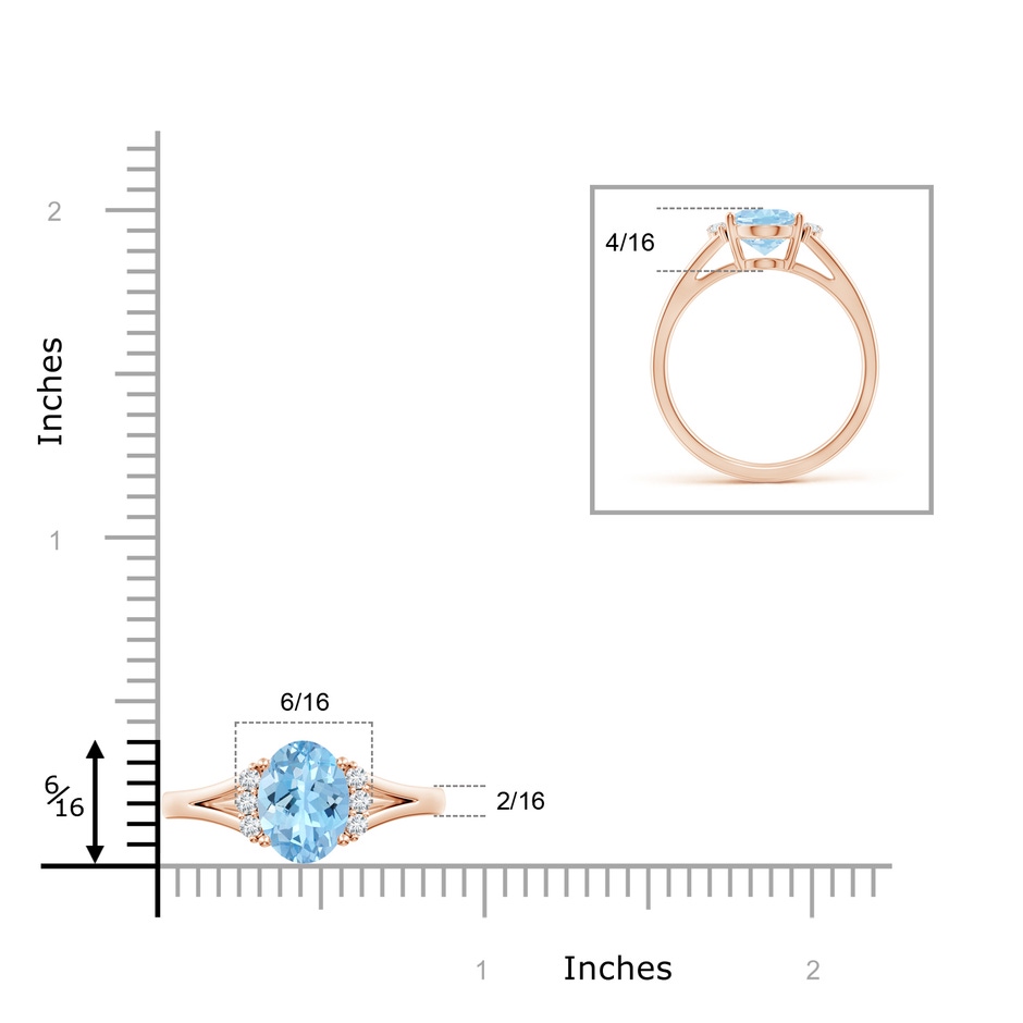 9x7mm AAAA Oval Aquamarine with Round Diamond Collar Solitaire Ring in Rose Gold ruler