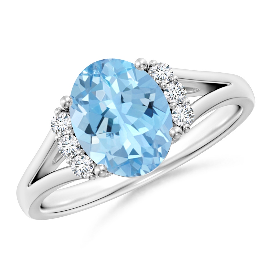 9x7mm AAAA Oval Aquamarine with Round Diamond Collar Solitaire Ring in White Gold 