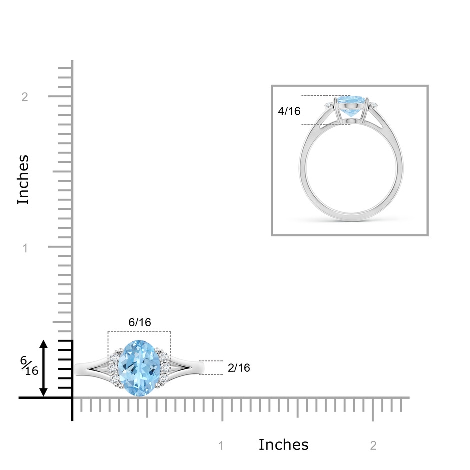 9x7mm AAAA Oval Aquamarine with Round Diamond Collar Solitaire Ring in White Gold ruler