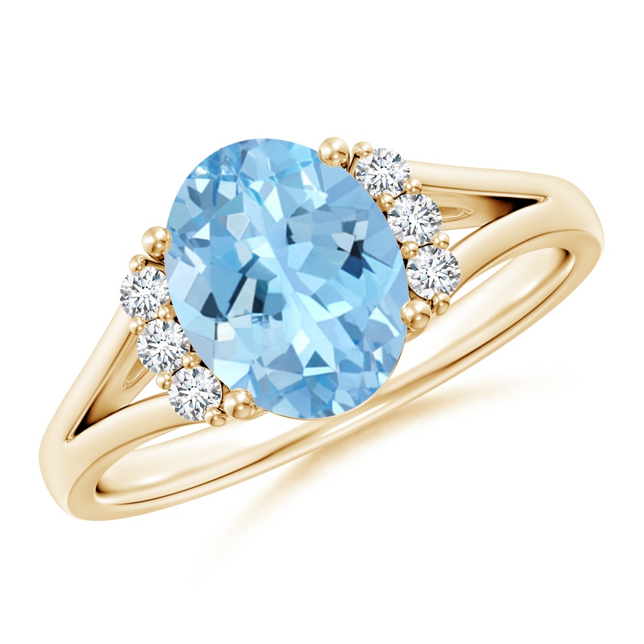 9x7mm AAAA Oval Aquamarine with Round Diamond Collar Solitaire Ring in Yellow Gold 
