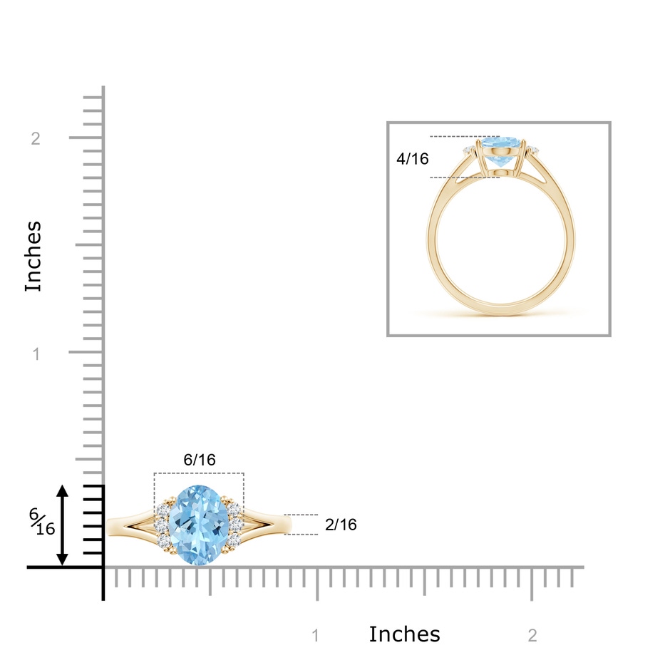 9x7mm AAAA Oval Aquamarine with Round Diamond Collar Solitaire Ring in Yellow Gold ruler