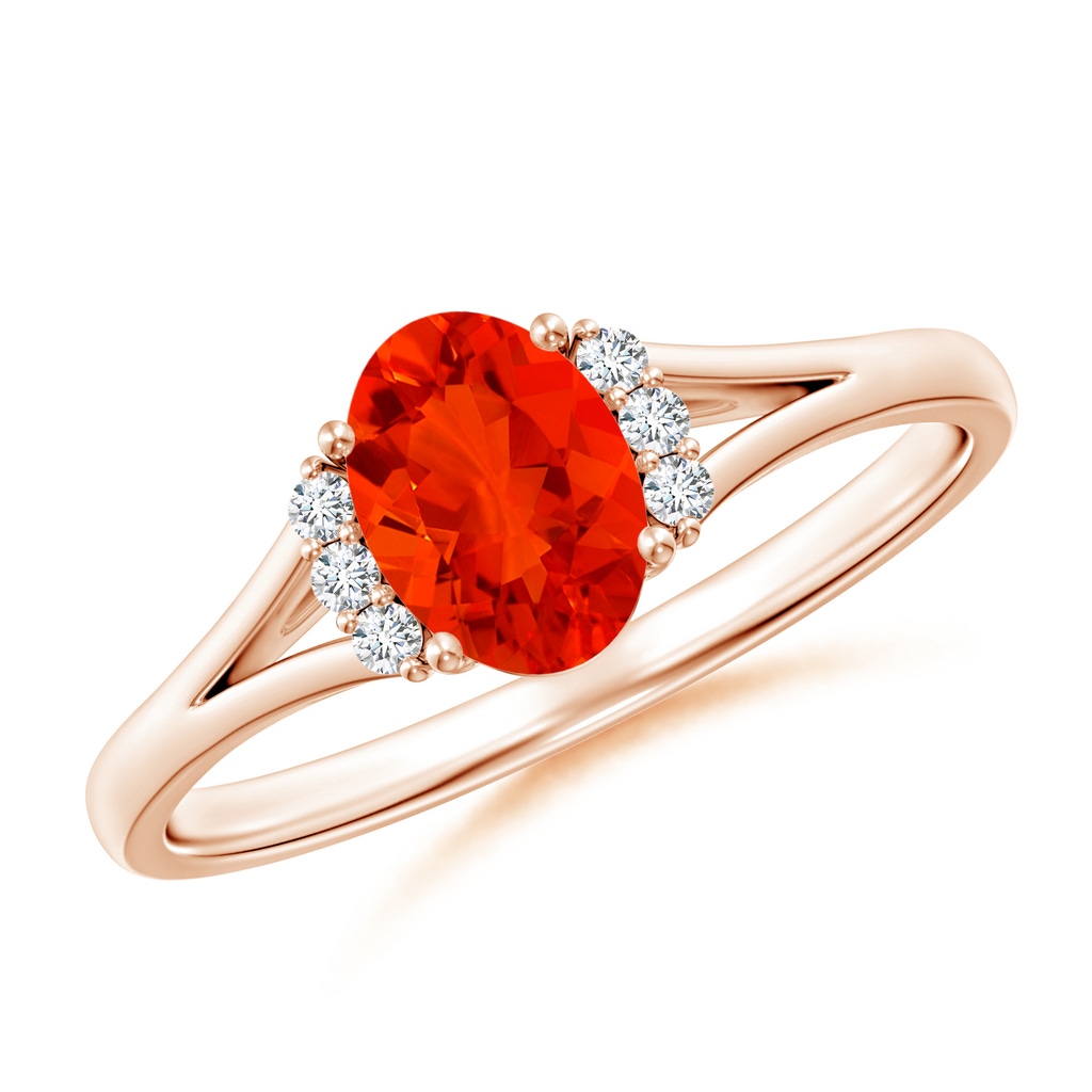 7x5mm AAAA Oval Fire Opal with Round Diamond Collar Solitaire Ring in Rose Gold