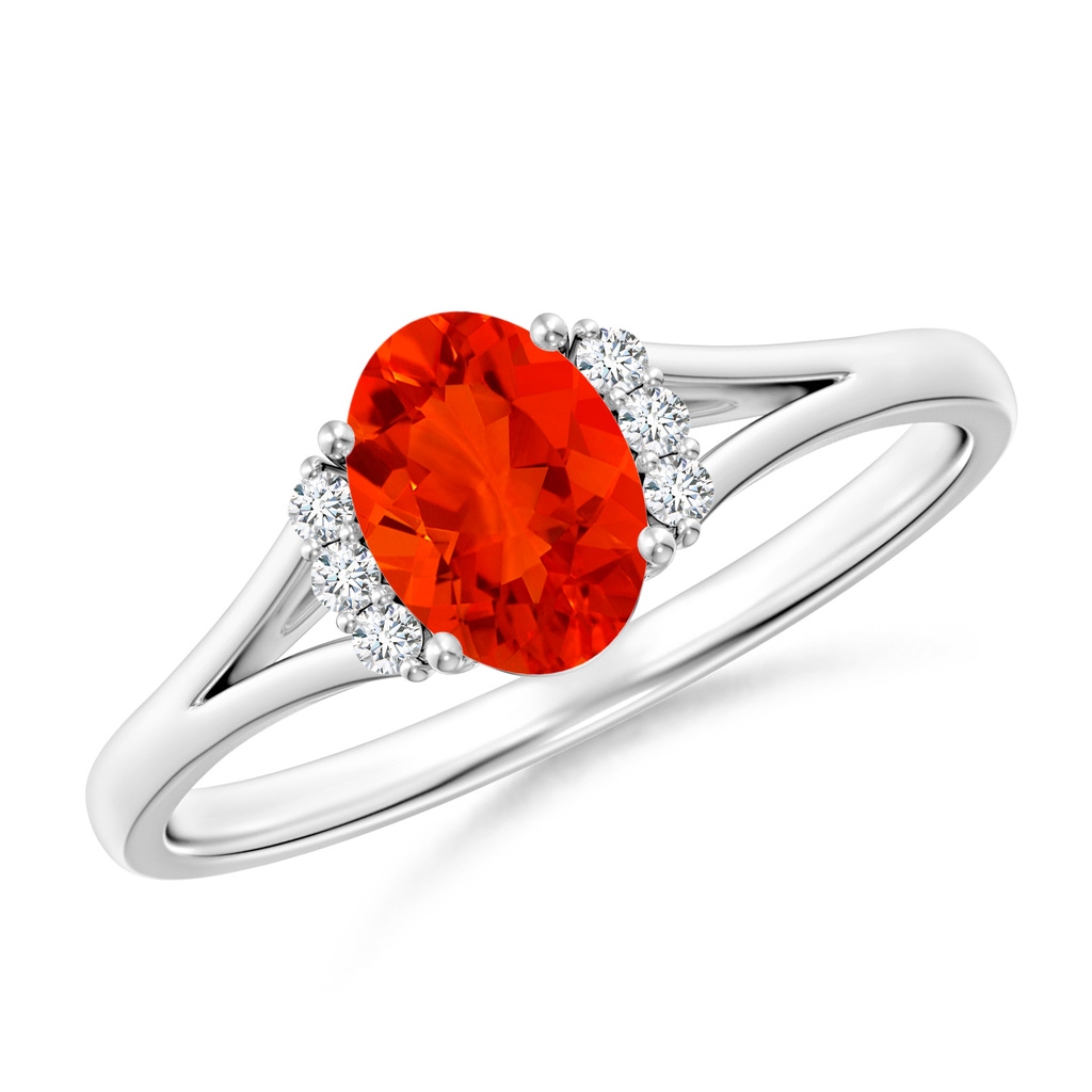 7x5mm AAAA Oval Fire Opal with Round Diamond Collar Solitaire Ring in White Gold