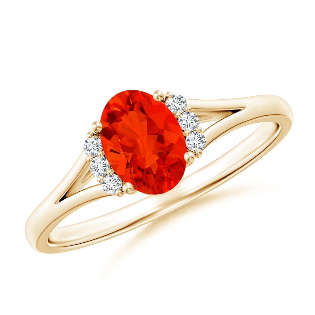 7x5mm AAAA Oval Fire Opal with Round Diamond Collar Solitaire Ring in Yellow Gold