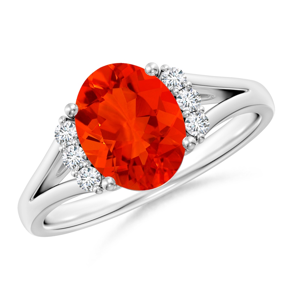 9x7mm AAAA Oval Fire Opal with Round Diamond Collar Solitaire Ring in White Gold