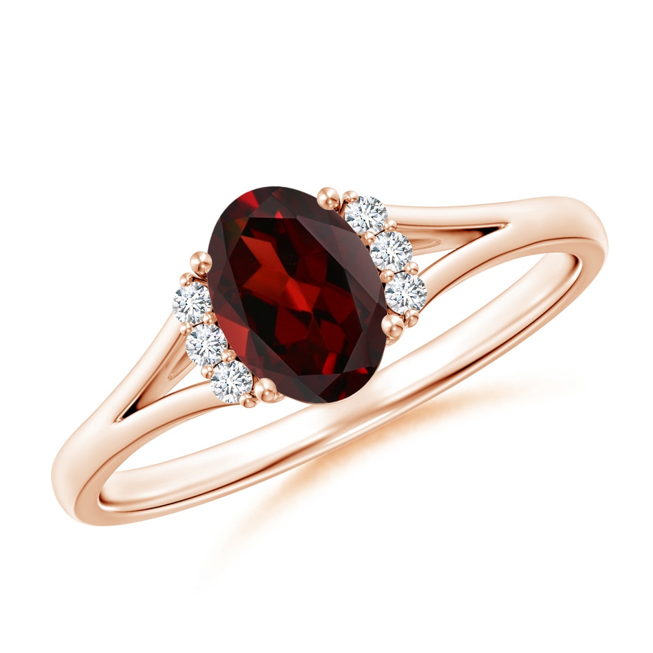 7x5mm AAA Oval Garnet with Round Diamond Collar Solitaire Ring in Rose Gold 