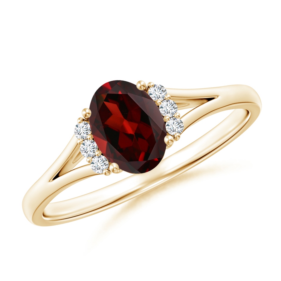 7x5mm AAA Oval Garnet with Round Diamond Collar Solitaire Ring in Yellow Gold 