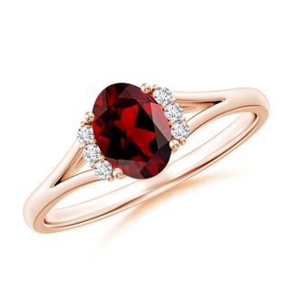 7x5mm AAAA Oval Garnet with Round Diamond Collar Solitaire Ring in 9K Rose Gold