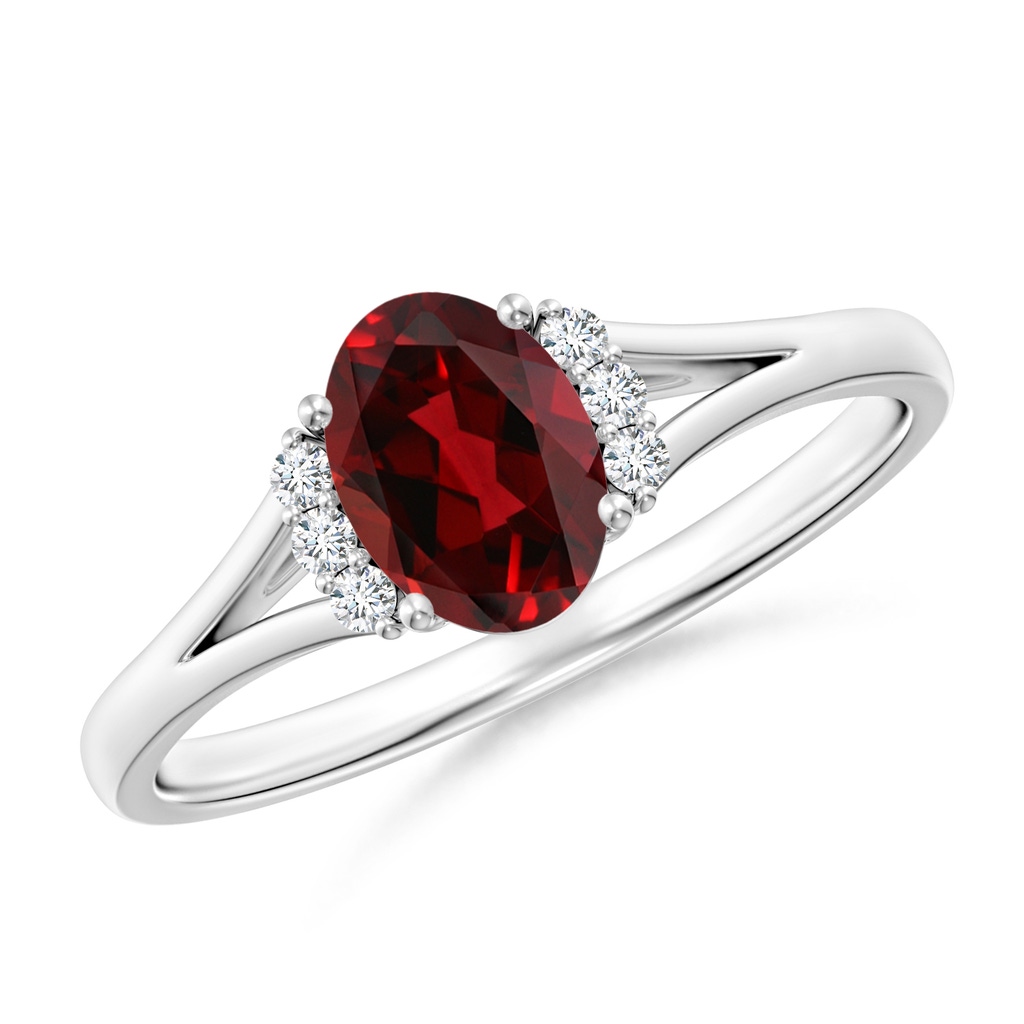 7x5mm AAAA Oval Garnet with Round Diamond Collar Solitaire Ring in White Gold