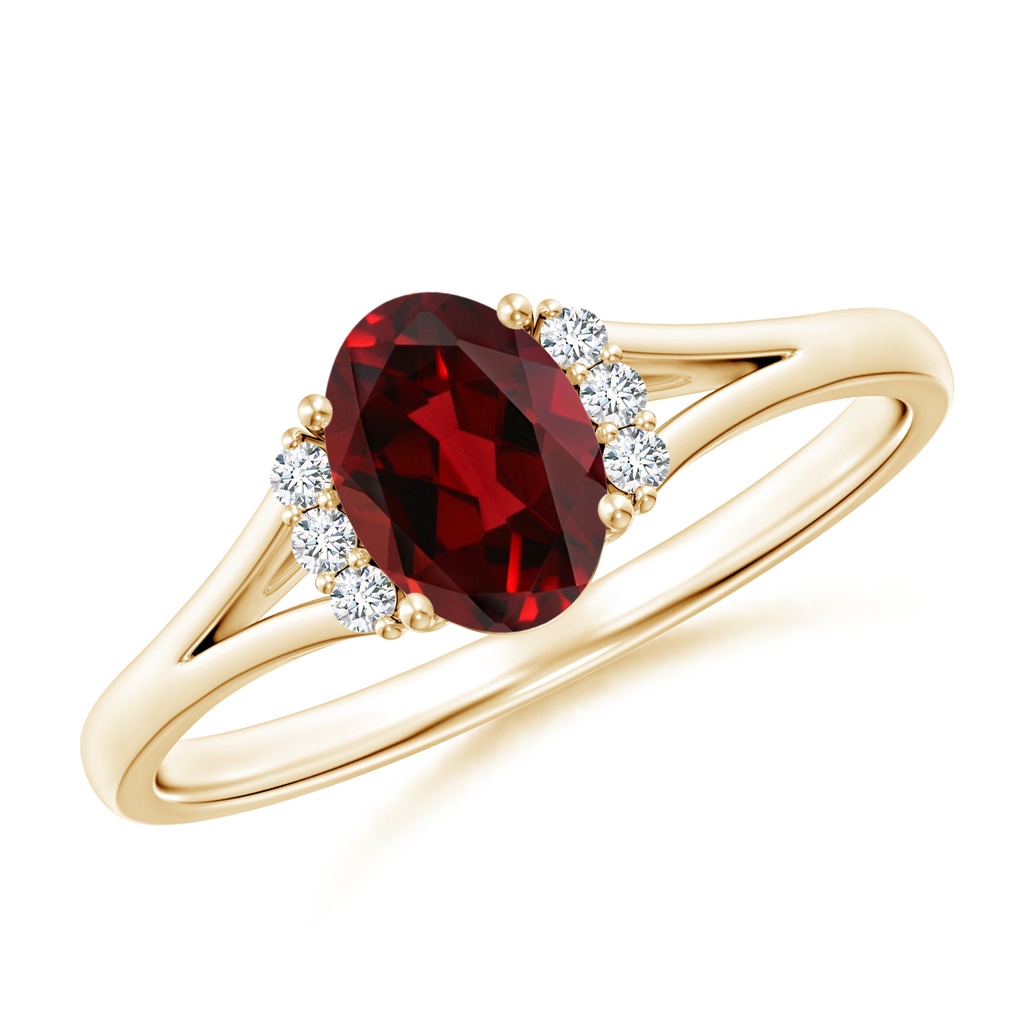7x5mm AAAA Oval Garnet with Round Diamond Collar Solitaire Ring in Yellow Gold
