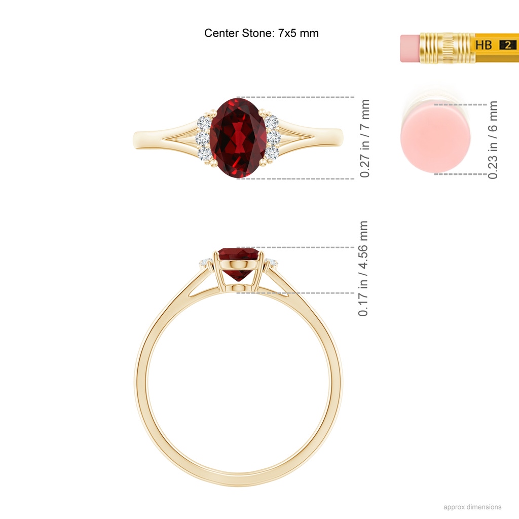 7x5mm AAAA Oval Garnet with Round Diamond Collar Solitaire Ring in Yellow Gold Ruler
