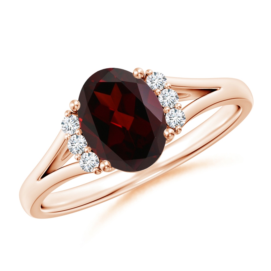 8x6mm A Oval Garnet with Round Diamond Collar Solitaire Ring in 18K Rose Gold 