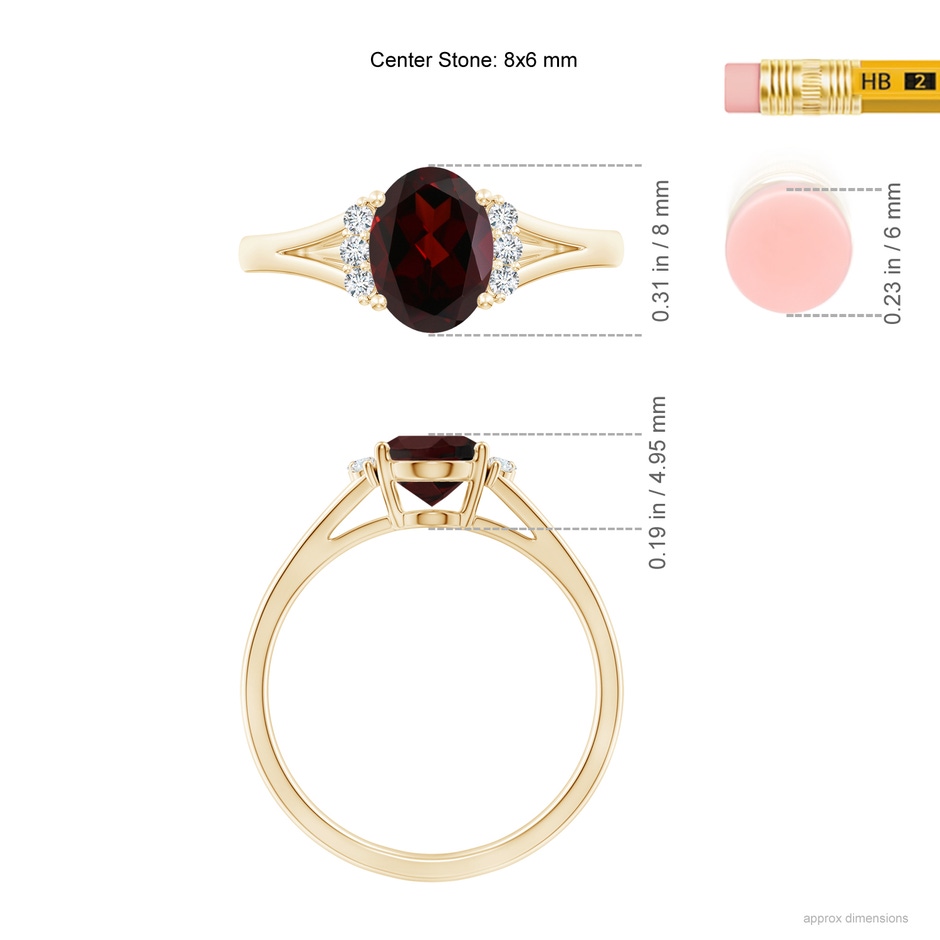 8x6mm A Oval Garnet with Round Diamond Collar Solitaire Ring in Yellow Gold ruler