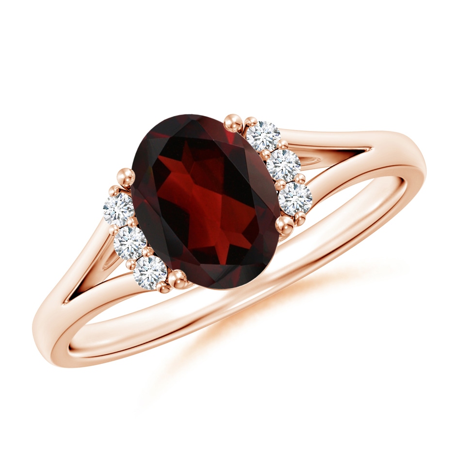 8x6mm AA Oval Garnet with Round Diamond Collar Solitaire Ring in 18K Rose Gold 