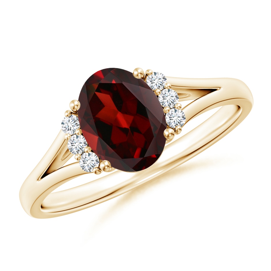 8x6mm AAA Oval Garnet with Round Diamond Collar Solitaire Ring in Yellow Gold 