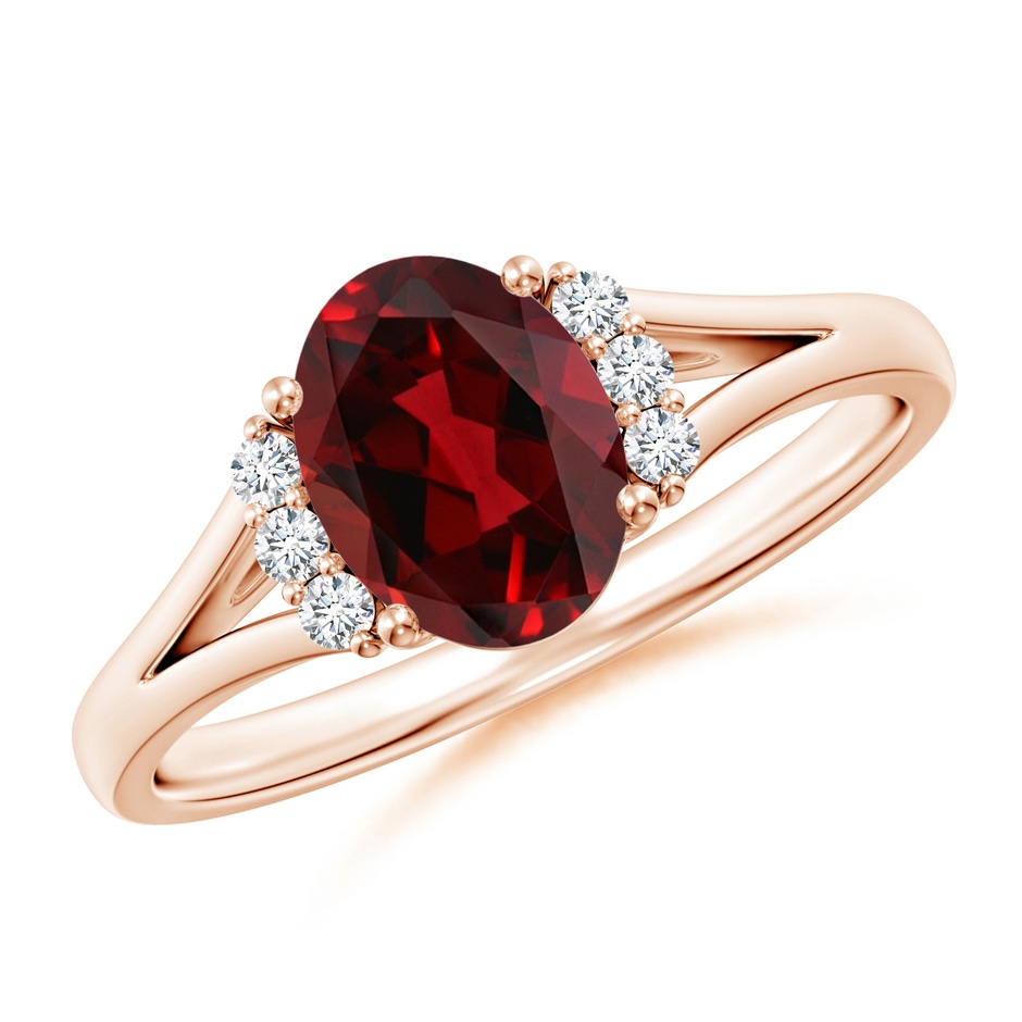 8x6mm AAAA Oval Garnet with Round Diamond Collar Solitaire Ring in 18K Rose Gold 