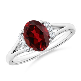 8x6mm AAAA Oval Garnet with Round Diamond Collar Solitaire Ring in White Gold