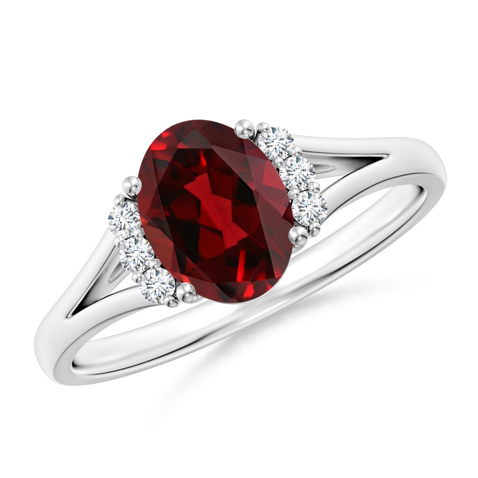 8x6mm AAAA Oval Garnet with Round Diamond Collar Solitaire Ring in White Gold 