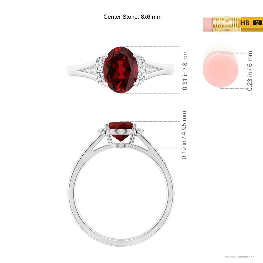 8x6mm AAAA Oval Garnet with Round Diamond Collar Solitaire Ring in White Gold Ruler