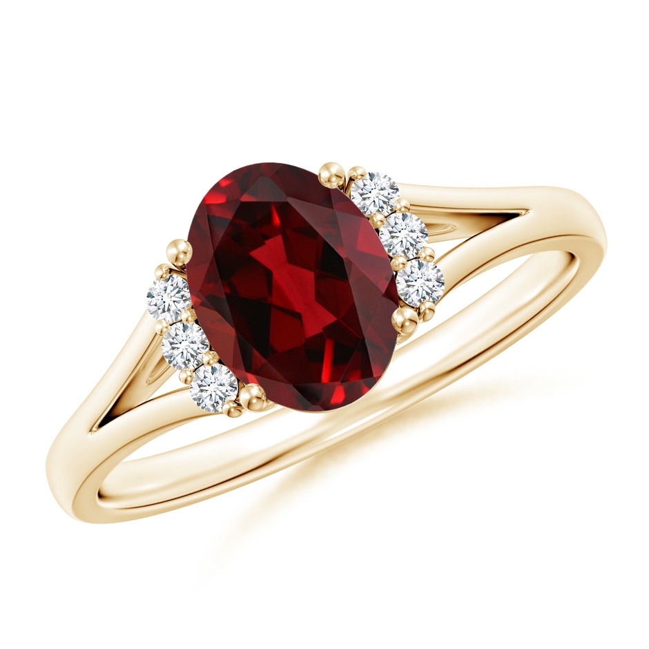 8x6mm AAAA Oval Garnet with Round Diamond Collar Solitaire Ring in Yellow Gold 