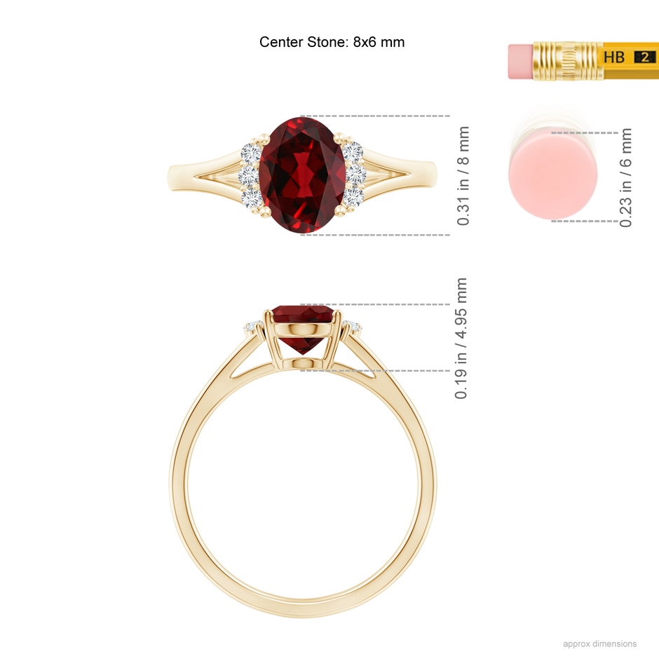 8x6mm AAAA Oval Garnet with Round Diamond Collar Solitaire Ring in Yellow Gold ruler