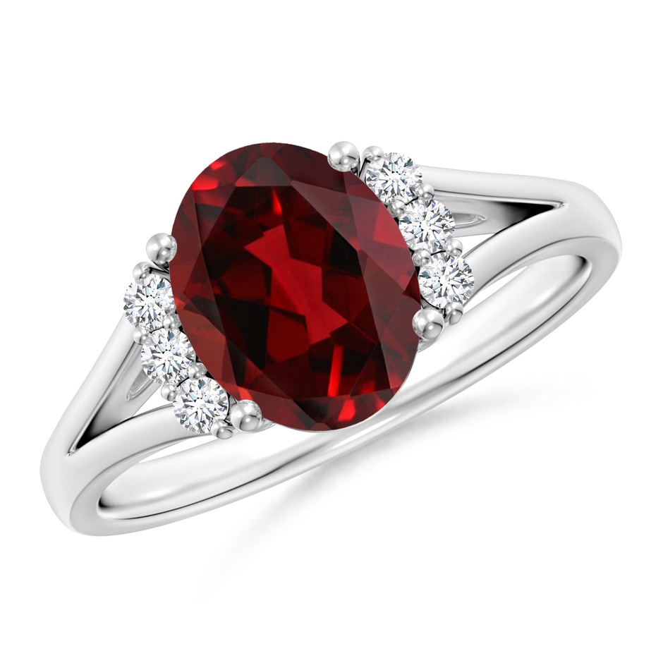 9x7mm AAAA Oval Garnet with Round Diamond Collar Solitaire Ring in 18K White Gold 