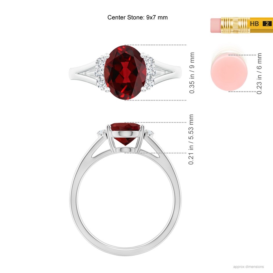 9x7mm AAAA Oval Garnet with Round Diamond Collar Solitaire Ring in 18K White Gold ruler