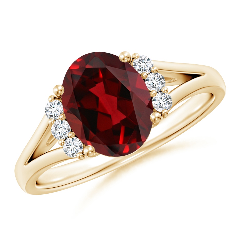 9x7mm AAAA Oval Garnet with Round Diamond Collar Solitaire Ring in 18K Yellow Gold 